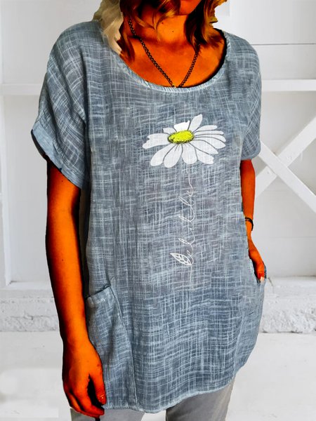 

Women Floral Crew Neck Double Pockets Crew Neck Linen Cotton Tunic, Blue, Tunics
