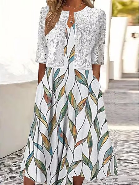 

Floral Lace V Neck Casual Two-Piece Set, White, Suit Set