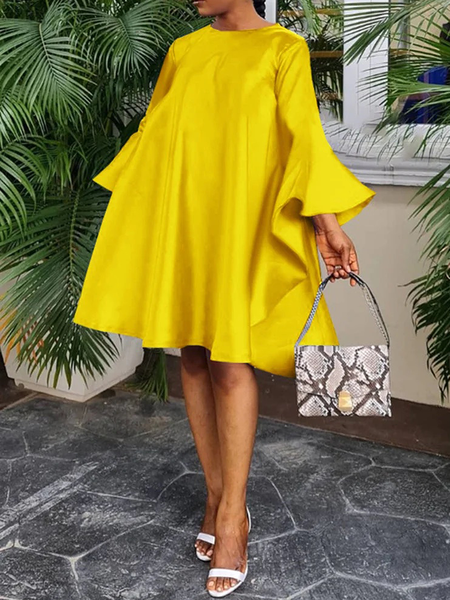 Elegant Crew Neck Loose Three Quarter Dress With Short No Belt, Yellow, Mini Dresses