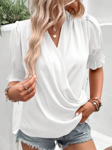 

Loose V Neck Casual Plain Shirt, White, Shirts & Blouses