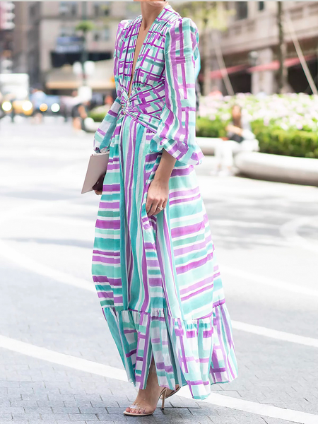 

Lightweight Elegant Loose Striped Deep V Neck Three Quarter Dress With Maxi Belt, As picture, Maxi Dresses