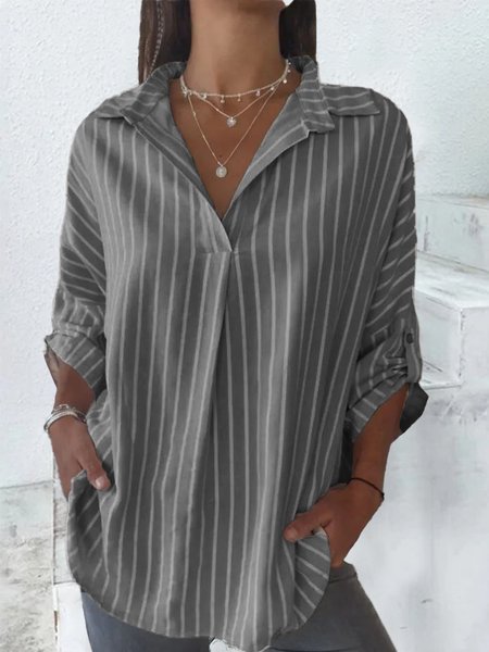 

Women Stripe Loose Classic Polo Neck Linen Cotton Blouse, Gray, Blouses & Shirts