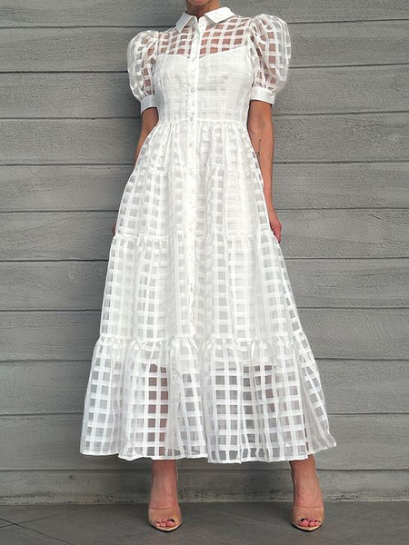 

Regular Fit Ultra lightweight Elegant Shirt Collar Short sleeve Maxi Dress, White, Maxi Dresses