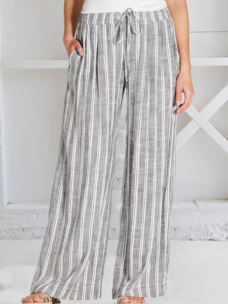

Women High Waist Pockets Striped Elastic Linen Pants, Gray, Pants