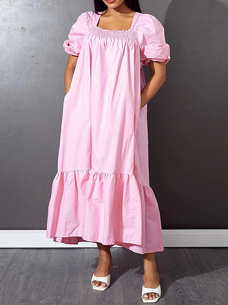 

Vacation Loose Square neck Short sleeve Dress With Maxi No Belt, Pink, Maxi Dresses