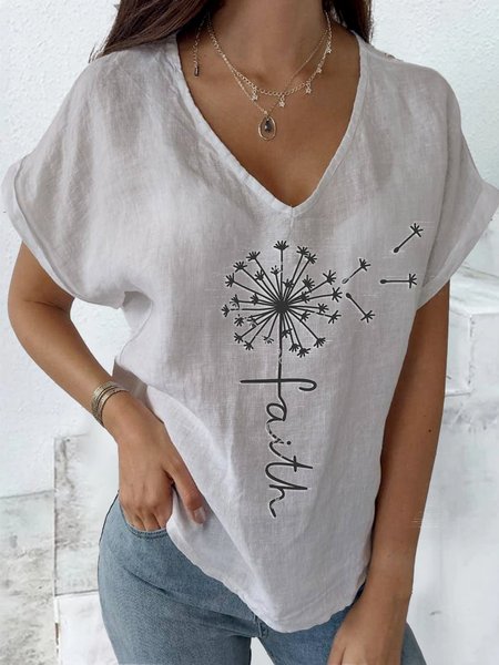 

Women V Neck Dandelion Print Linen Cotton T-Shirt, White, Tees & T-shirts