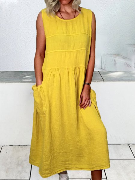 

Women Plain Pocket Loose Sleeveless Summer Crew Neck Dress, Yellow, Midi Dresses