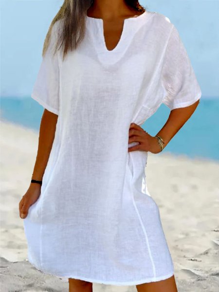 

Women V Neck Vacation Double Pocket Cotton V Neck Linen Plain Dress, White, Mini Dresses