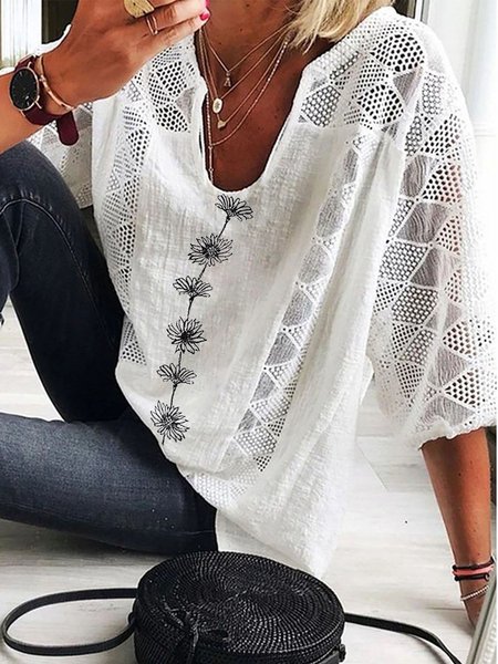 

Women Floral Lace Linen Vacation V Neck Shirt, White, Blouses & Shirts