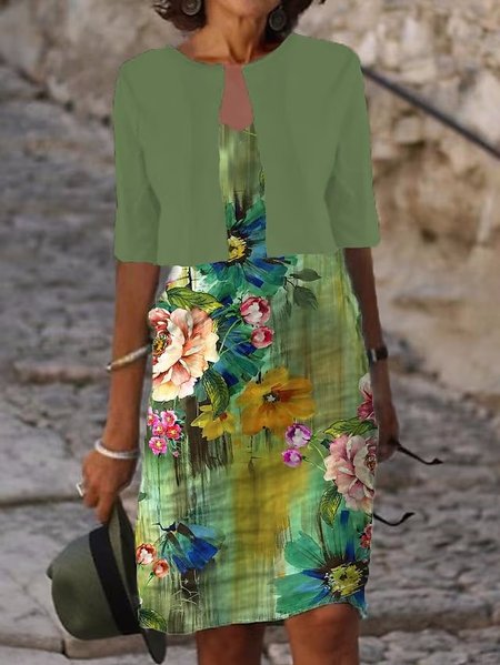 

V Neck Casual Floral Two-Piece Set, Green, Suit Set