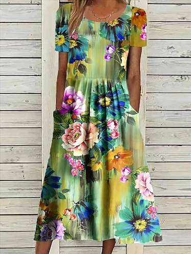 

Floral Casual Loose Dress With No Belt, Green, Dresses