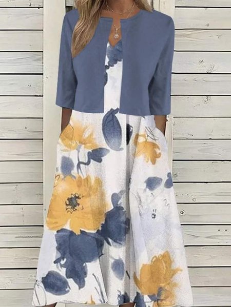 

Loose Floral Crew Neck Casual Two-Piece Set, Blue, Casual Dresses