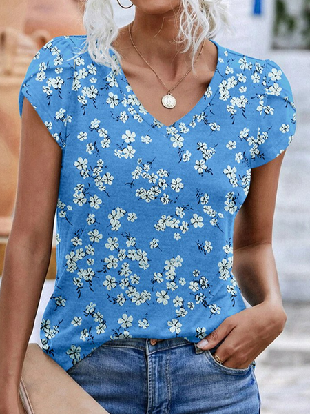 

Floral Casual V Neck Loose T-Shirt, Blue, T-Shirts