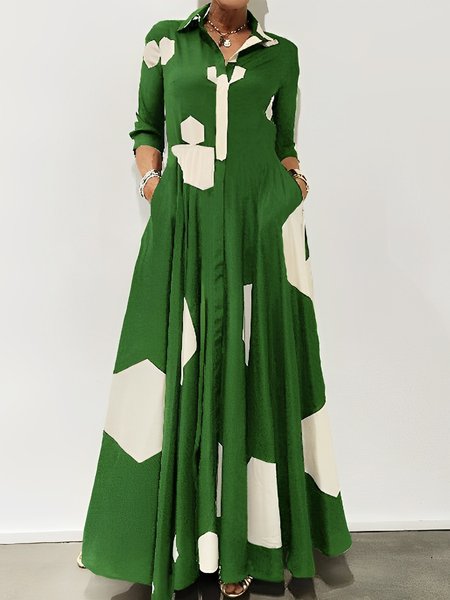 

Three Quarter Urban Shirt Collar Regular Fit Dress, Green, Maxi Dresses