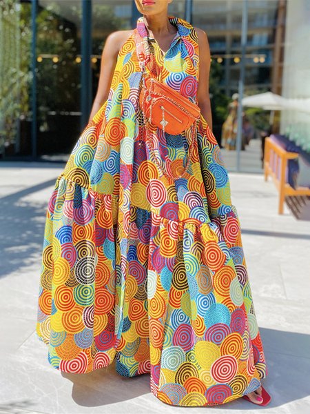 

Shirt Collar Urban Geometric Dress With No, Multicolor, Maxi Dresses