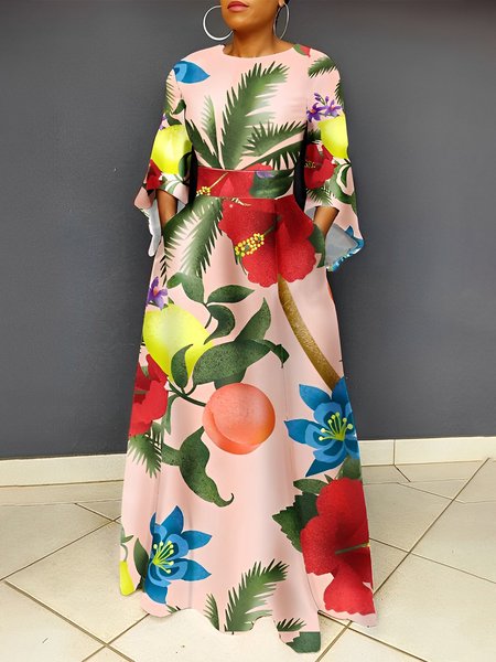 

Floral Vacation Crew Neck Maxi Dress With No Belt, Pink, Maxi Dresses