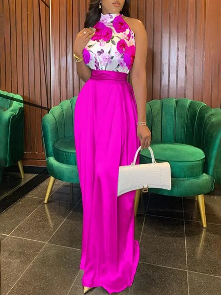 

Half Turtleneck Regular Fit Floral Elegant Dress With No, Rose red, Maxi Dresses