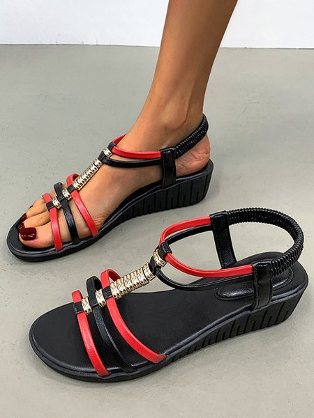 

Beach Vacation Ethnic Metal Beaded Multi Strap Wedge Sandals, Red, Sandals