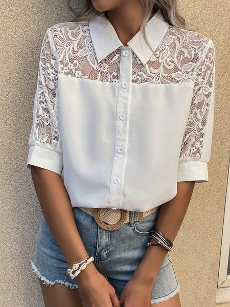 

Regular Size Shirt Collar Urban Plain Blouse, White, Blouses and Shirts