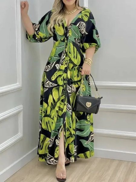 

Leaf Regular Fit Vacation V Neck Dress With No, Green, Maxi Dresses