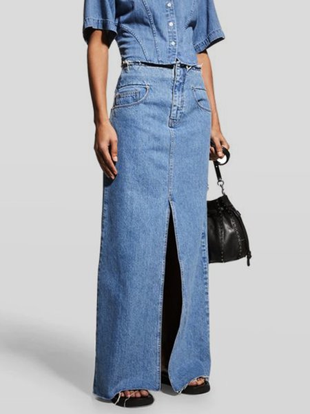 

Cowhide Leather Plain Casual Regular Fit Denim Skirt, Blue, Denim Skirts