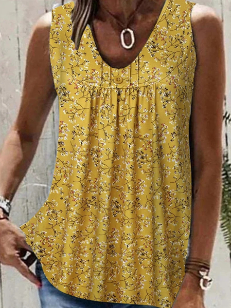 Cotton Loose Floral Casual Tank Top, Yellow, Tanks & Camis