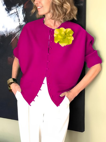 

Plain Loose Casual Crew Neck Blouse With No, Deep pink, Blouses and Shirts