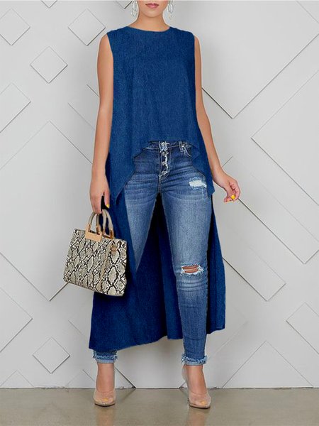 

Urban Denim Plain Loose Crew Neck Sleeveless Shirt, Purplish blue, Blouses and Shirts