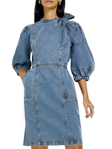 

Crew Neck Denim Regular Fit Casual Dress With No, Blue, Mini Dresses