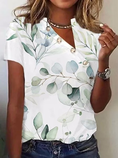 

Floral Asymmetrical Casual Loose T-Shirt, White, T-Shirts
