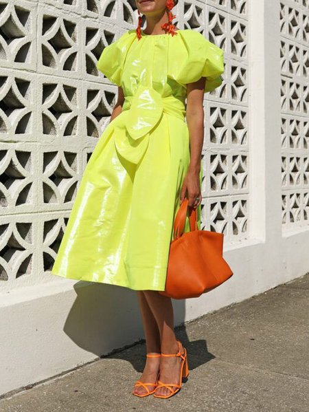 

Party Plain Crew Neck Vintage Regular Fit Dress, As picture, Midi Dresses
