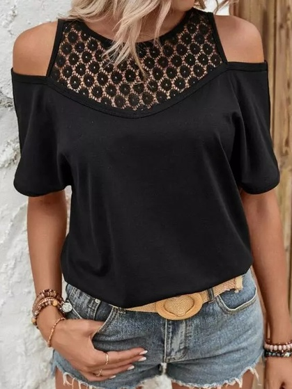 

Plain Lace Edge Cold Shoulder Casual Shirt, Black, Shirts & Blouses