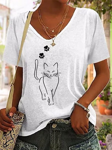

Casual V Neck Cotton Cat T-Shirt, White, Tees & T-shirts