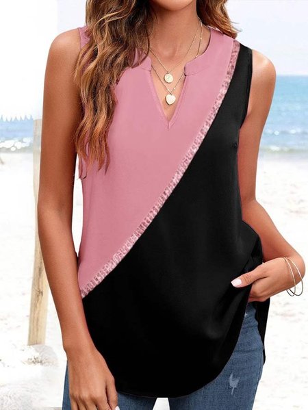 

Linen Color Block Lace Vacation Patchwork Pink Split Neck Tank Top, Tanks & Camis