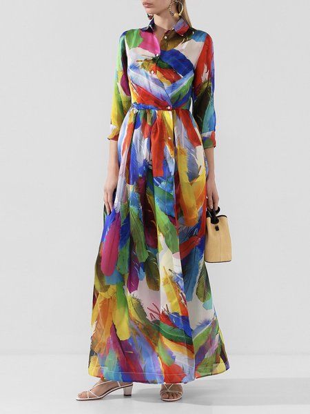 

Regular Fit Feather Shirt Collar Elegant Dress With No, Multicolor, Maxi Dresses