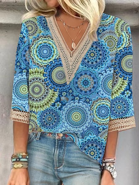 

Loose Ethnic V Neck Lace Casual Shirt, Blue, Shirts & Blouses