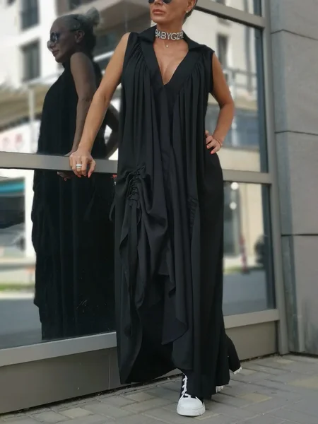 

Casual Plain V Neck Loose Dress With No, Black, Maxi Dresses