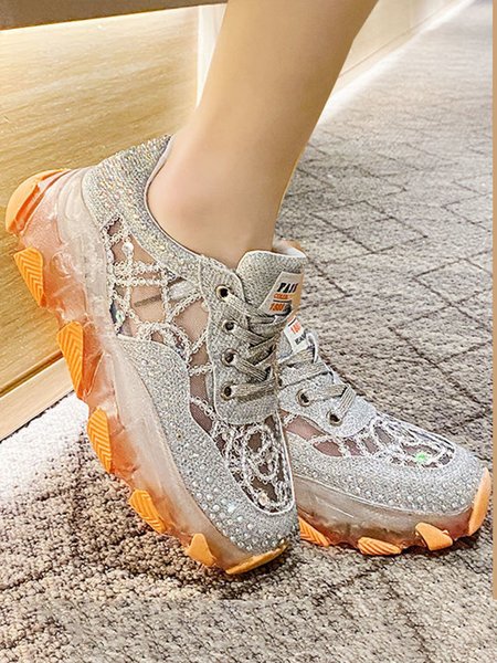 

Rhinestone Mesh Glitter Stitching Sneakers, Orange red, Sneakers
