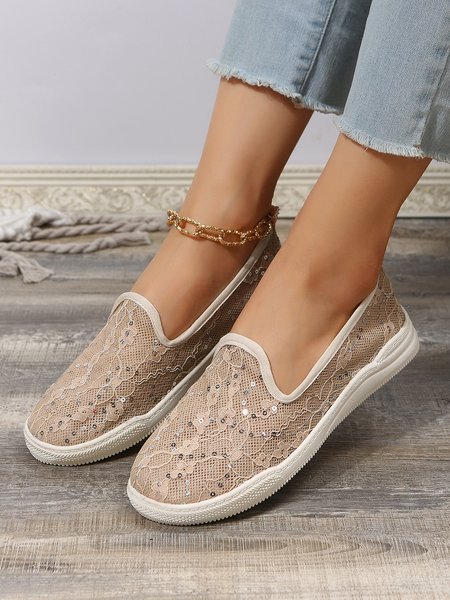 

Sequins Lace Mesh Casual Flats, Off white, Flats