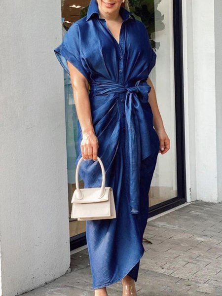 

Short sleeve Shirt Collar Casual Plain Dress With Belt, Blue, Midi Dresses