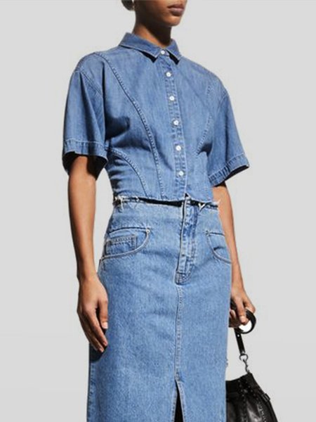 Casual Shirt Collar Plain Denim Denim Blouse, Blue, Blouses and Shirts