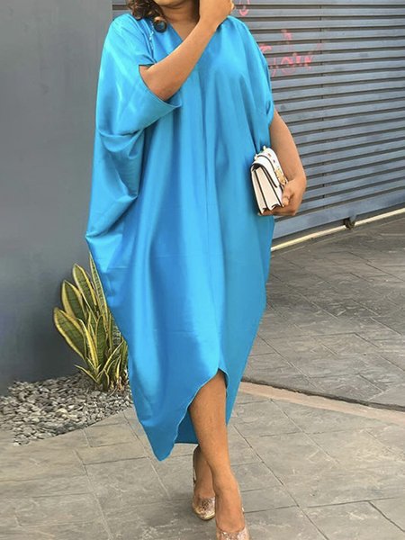 

Loose V Neck Plain Elegant Dress With No, Blue, Midi Dresses