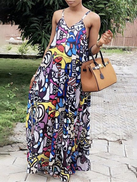

Vacation Random Print Spaghetti Dress With No, Multicolor, Maxi Dresses