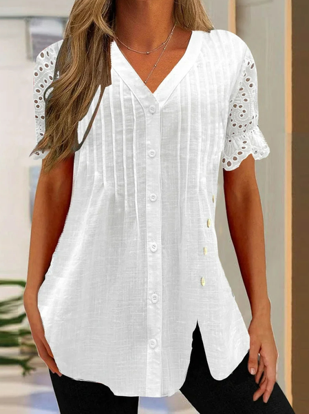 Loose Linen Plain Casual Blouse, White, Shirts & Blouses