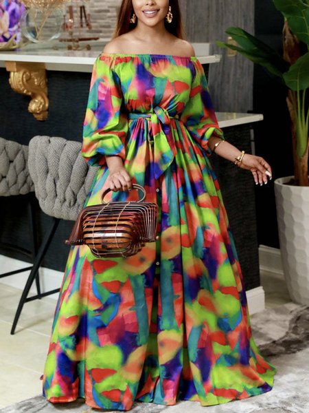 

Color Block Vacation Loose Cold Shoulder Dress With Belt, Multicolor, Maxi Dresses