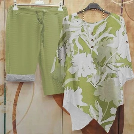 

V Neck Casual Floral Loose Two-Piece Set, Green, Suit Set