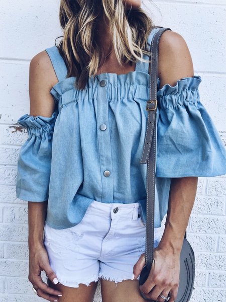 

Casual Loose Plain Faux Denim Blouse, Blue, Blouses and Shirts