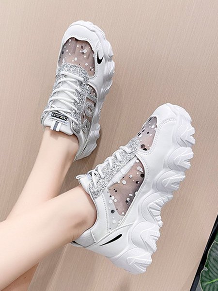 

Personality Mesh Glitter Stitching Platform Daddy Shoes, White, Sneakers