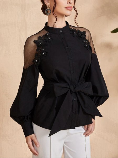 

Plain Regular Fit Elegant Shirt Collar Blouse, Black, Blouses and Shirts