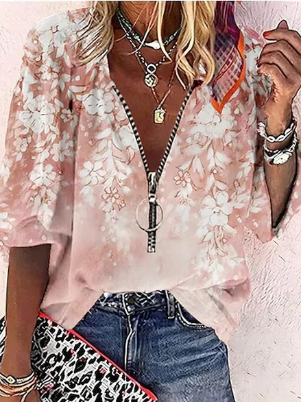 

Floral Zipper V Neck Casual Blouse, Pink, Shirts & Blouses
